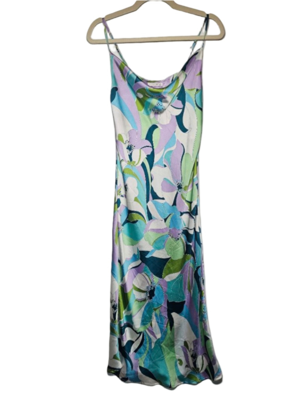 Timing Floral Cowl Neck Maxi Dress Purple Teal Green Psychedelic Print Small EUC